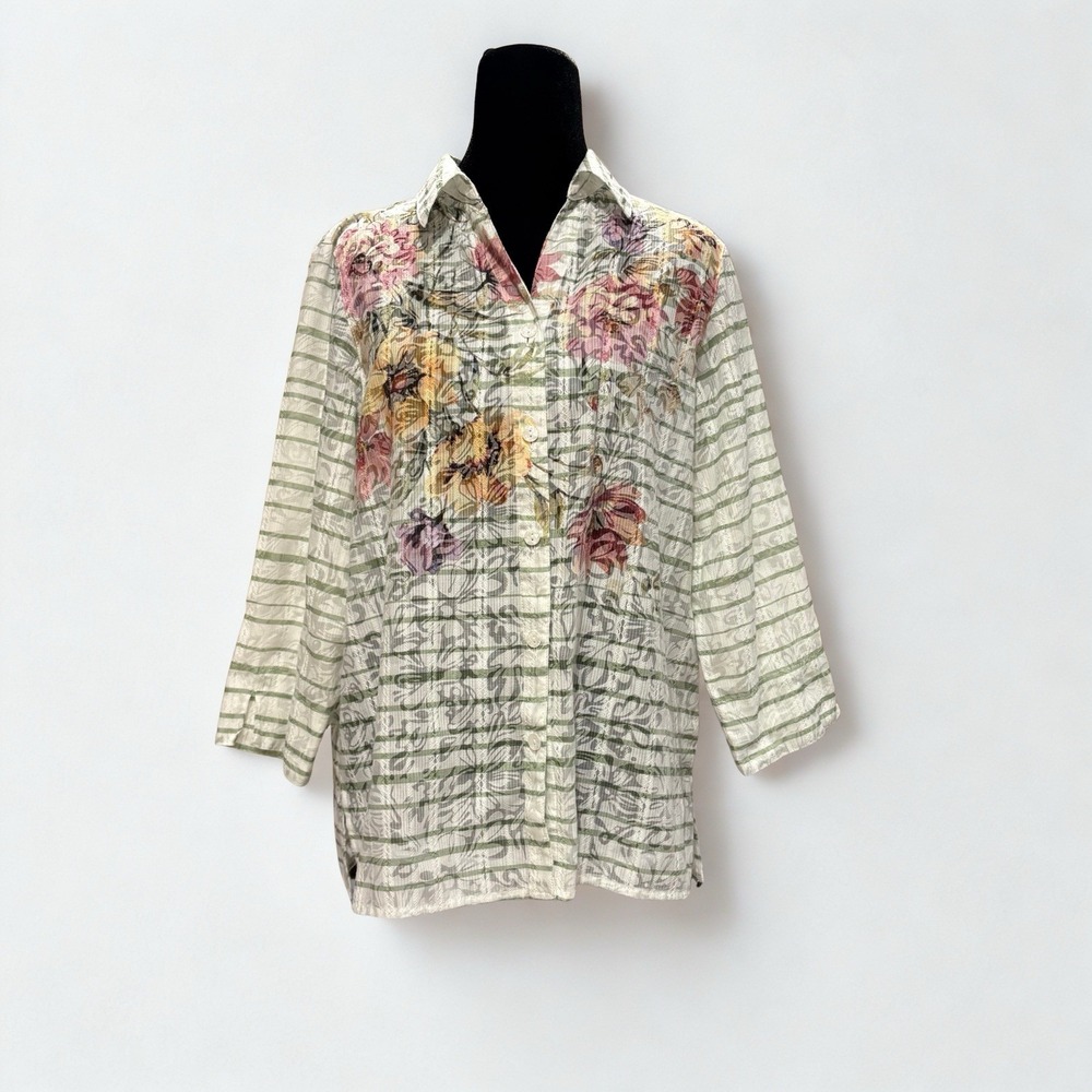 Alfred Dunner Woman's Striped Floral Blouse Semi-Sheer 3/4 Sleeve Size S Vintage